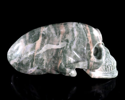 3.9” Natural Jiulong Jade Hand Carved Crystal Elongated Mayan Alien Skull Sculpture