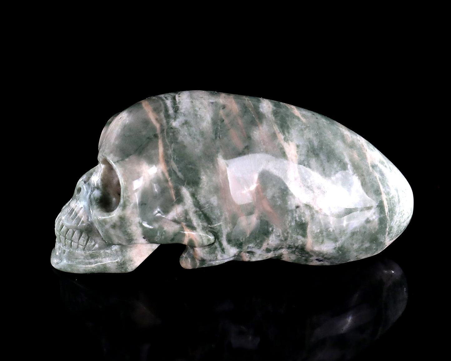 3.9” Natural Jiulong Jade Hand Carved Crystal Elongated Mayan Alien Skull Sculpture