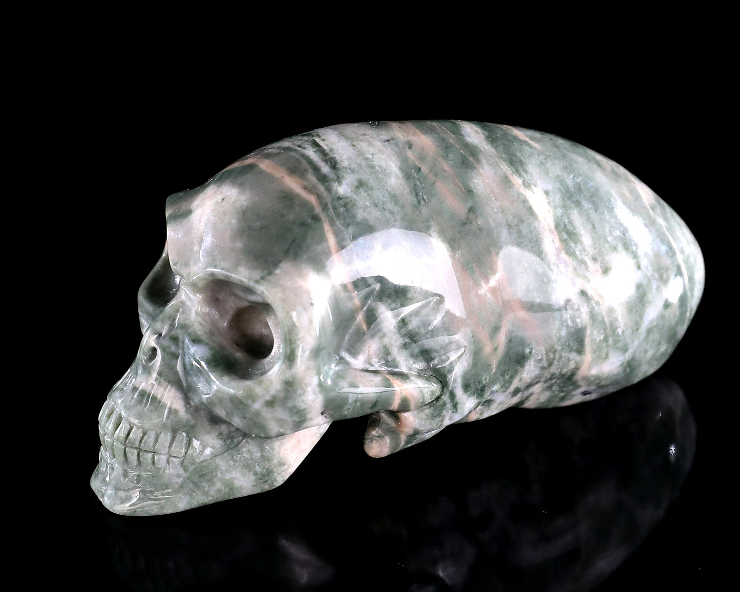 3.9” Natural Jiulong Jade Hand Carved Crystal Elongated Mayan Alien Skull Sculpture