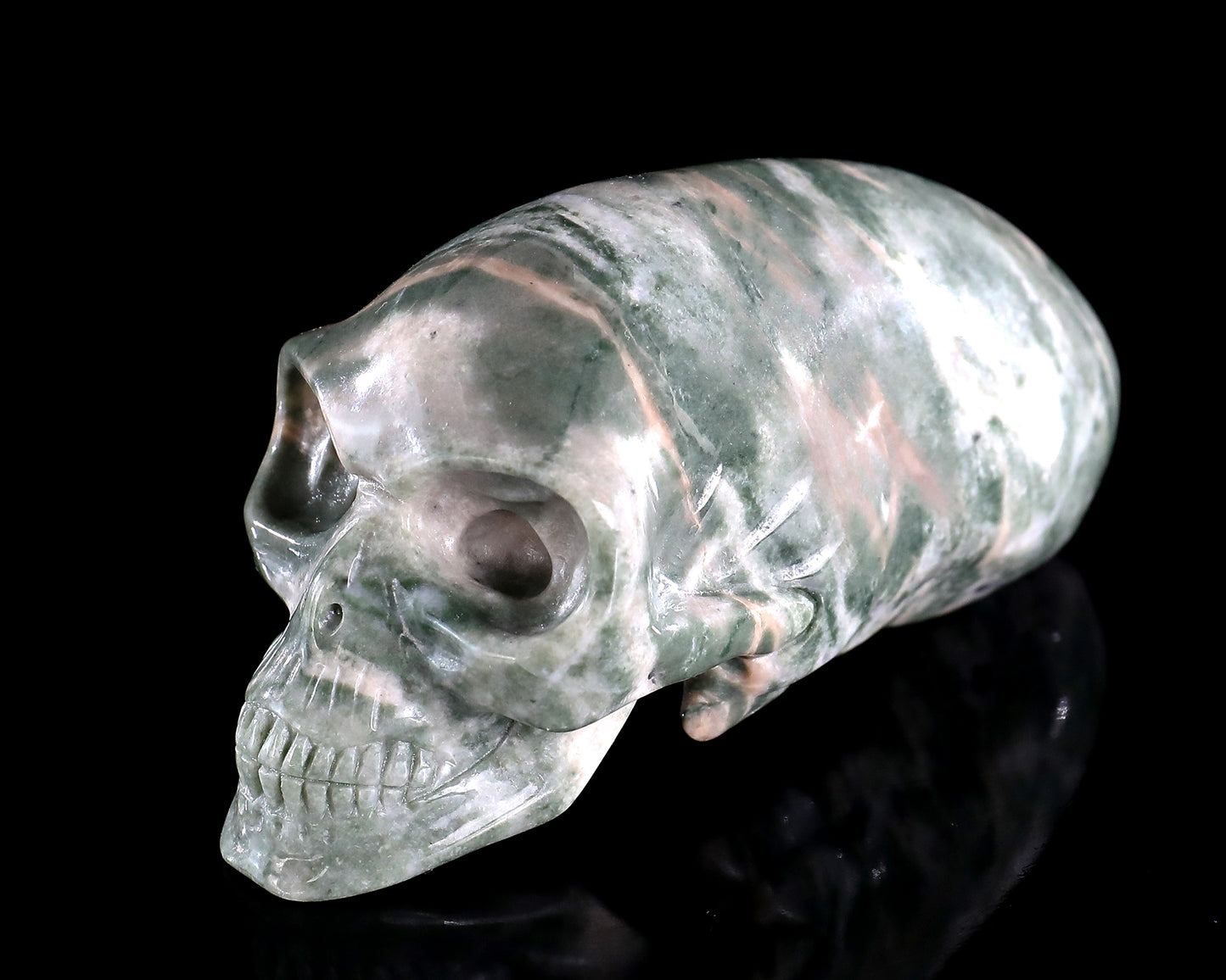 3.9” Natural Jiulong Jade Hand Carved Crystal Elongated Mayan Alien Skull Sculpture