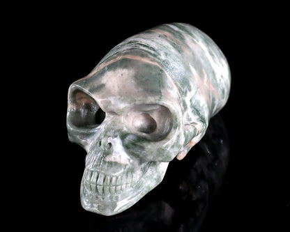 3.9” Natural Jiulong Jade Hand Carved Crystal Elongated Mayan Alien Skull Sculpture