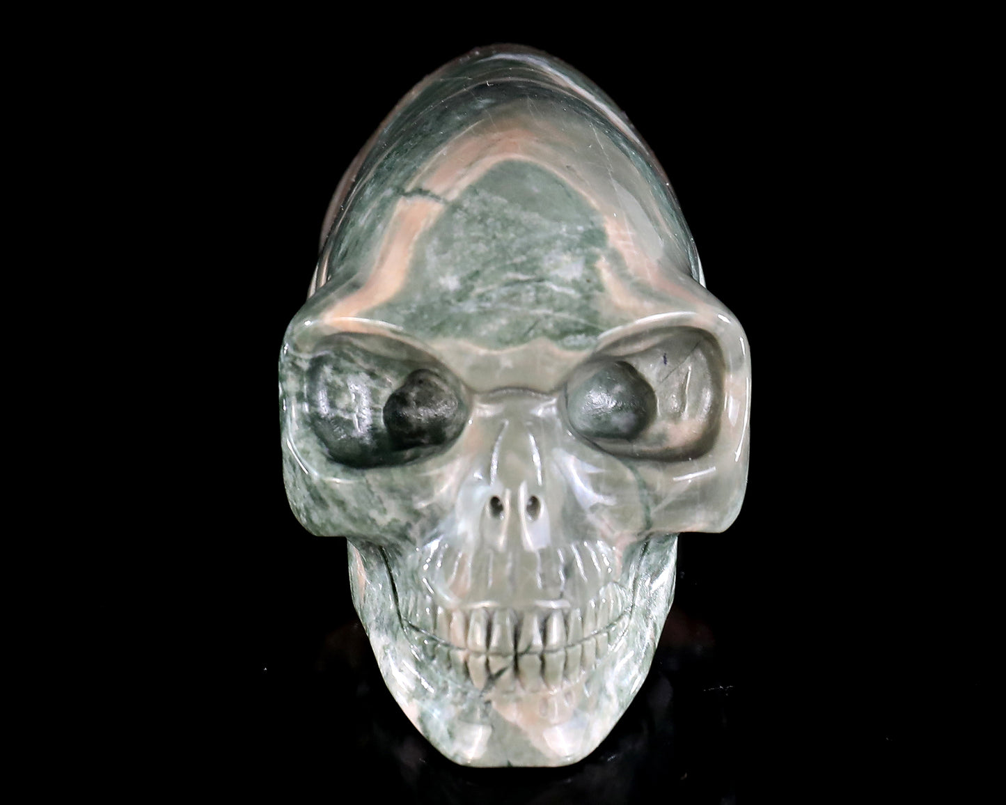 3.9” Natural Jiulong Jade Hand Carved Crystal Elongated Mayan Alien Skull Sculpture