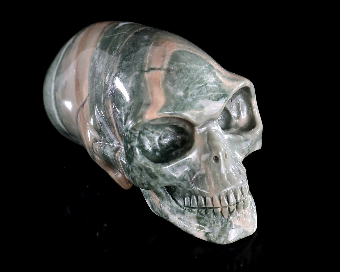 3.9” Natural Jiulong Jade Hand Carved Crystal Elongated Mayan Alien Skull Sculpture