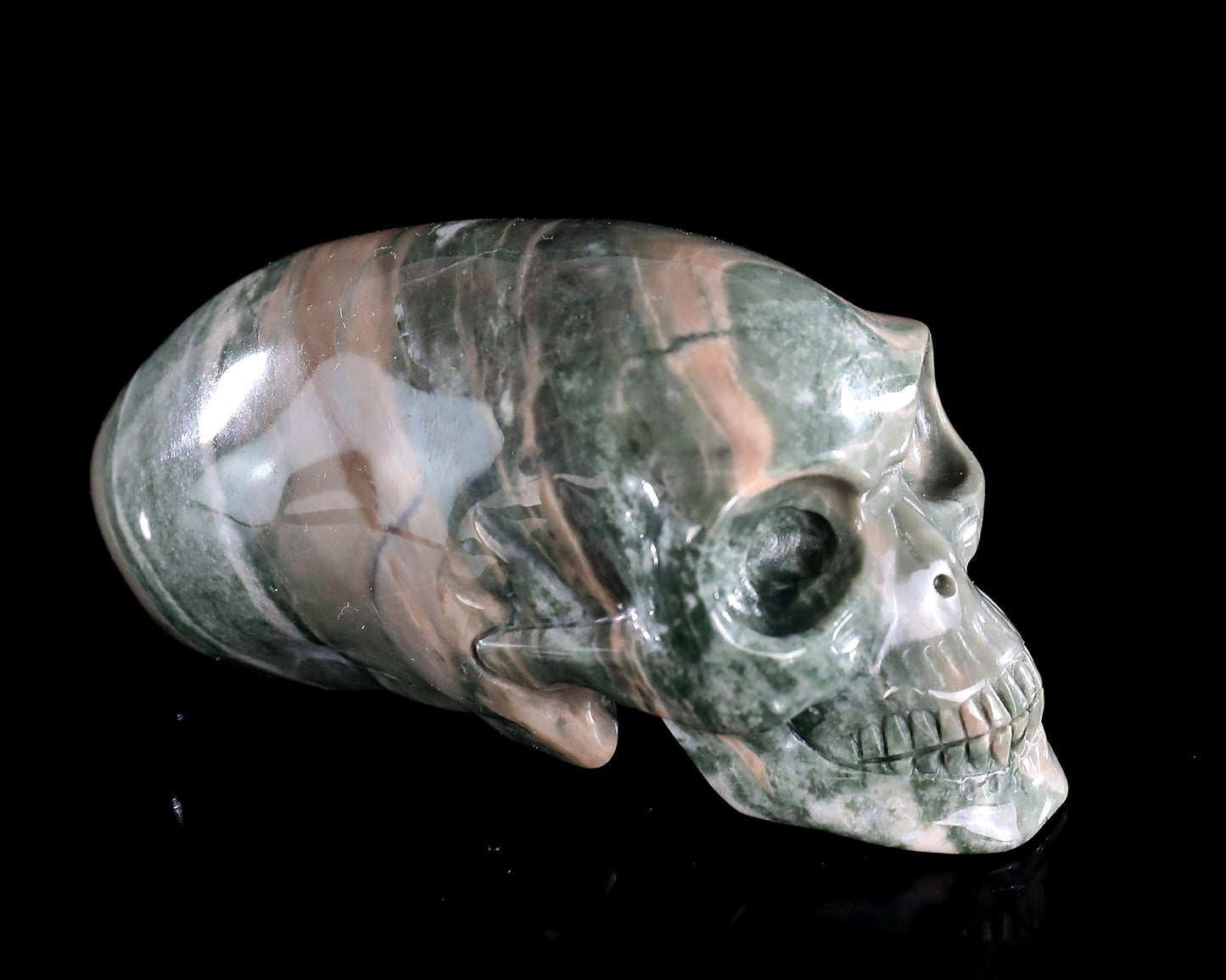 3.9” Natural Jiulong Jade Hand Carved Crystal Elongated Mayan Alien Skull Sculpture