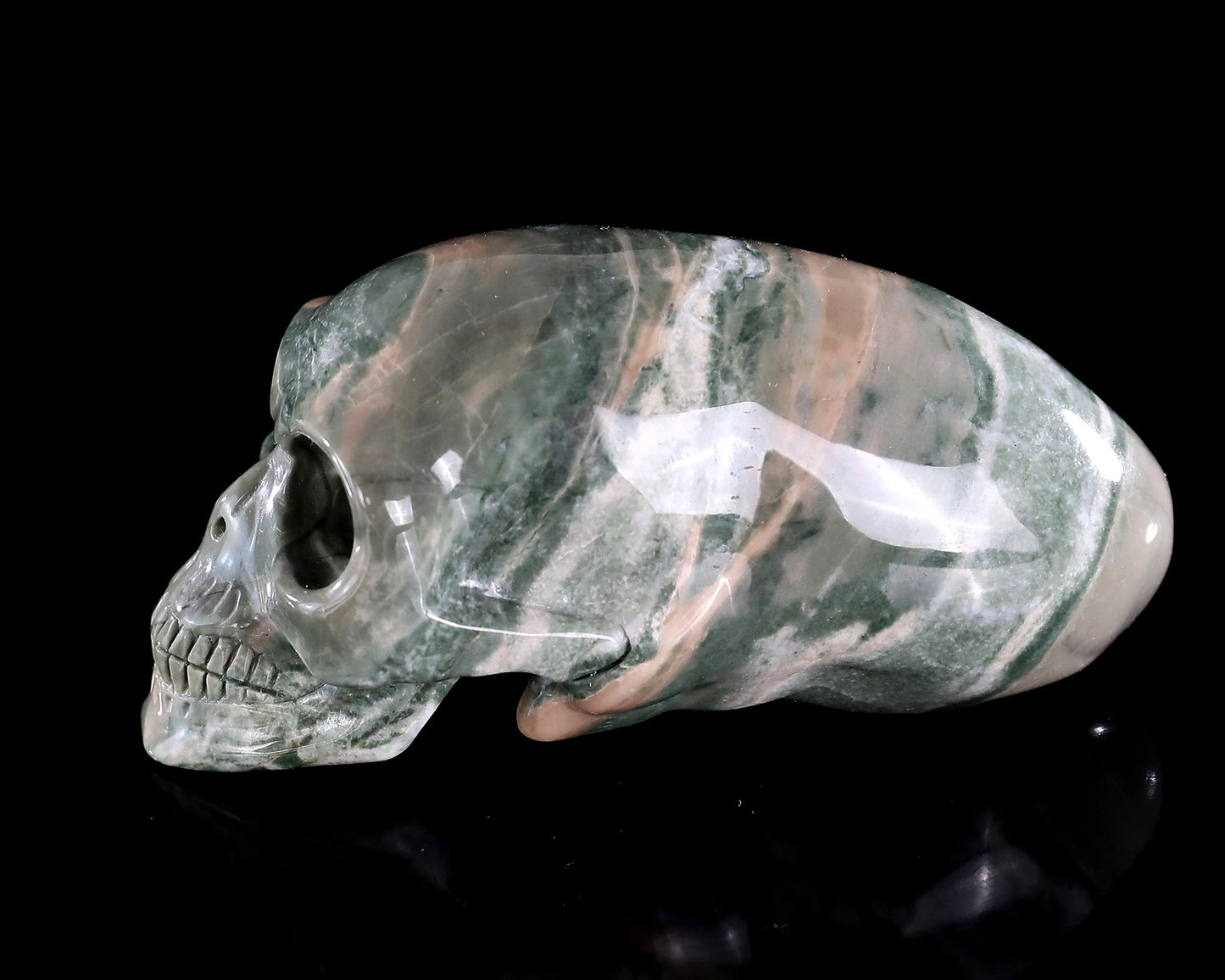 3.9” Natural Jiulong Jade Hand Carved Crystal Elongated Mayan Alien Skull Sculpture