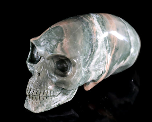 3.9” Natural Jiulong Jade Hand Carved Crystal Elongated Mayan Alien Skull Sculpture