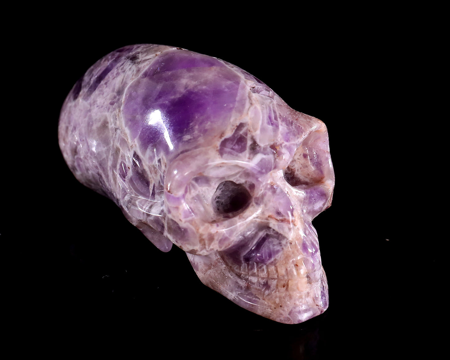 3.9” Natural Amethyst Hand Carved Crystal Elongated Mayan Alien Skull Sculpture