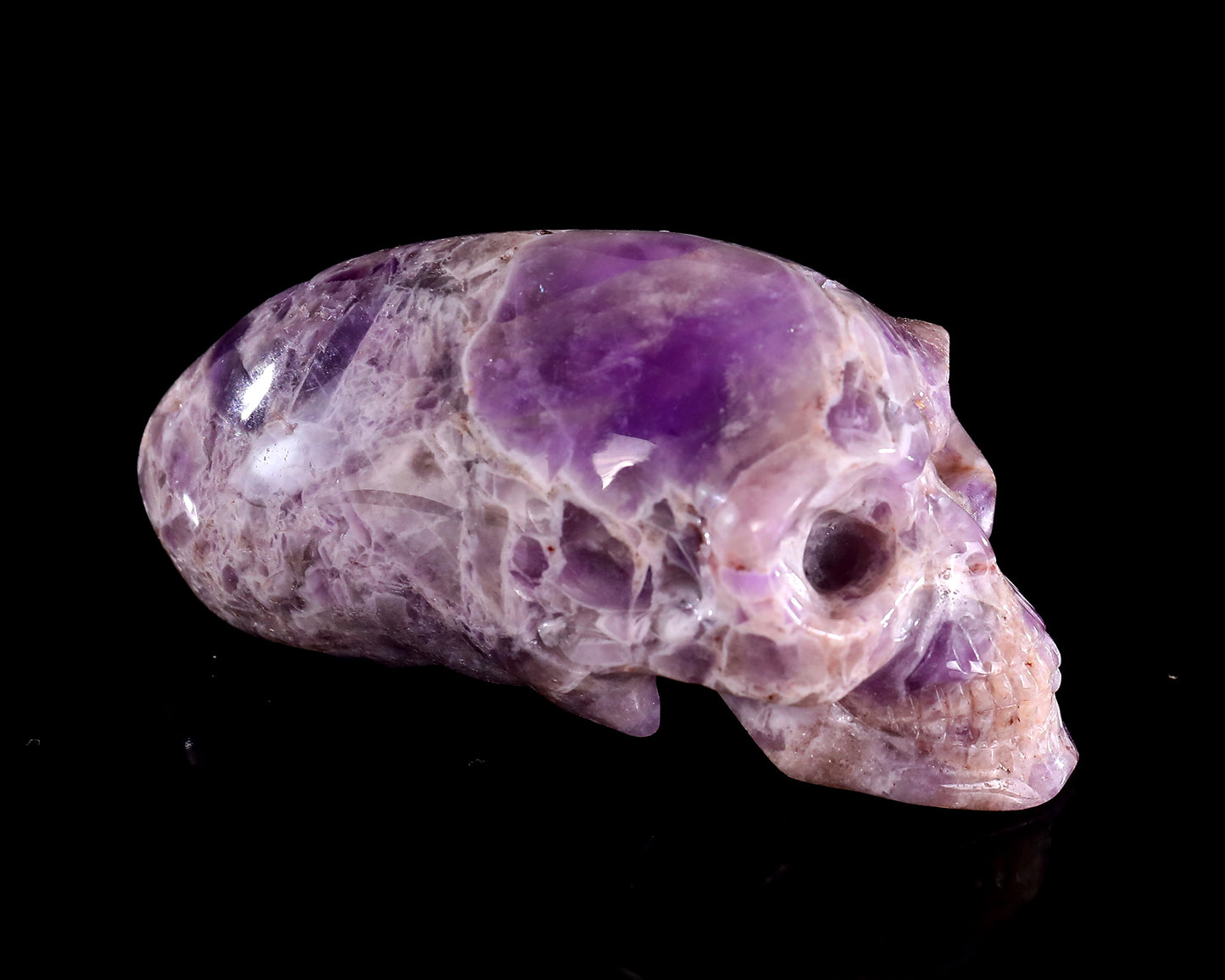 3.9” Natural Amethyst Hand Carved Crystal Elongated Mayan Alien Skull Sculpture