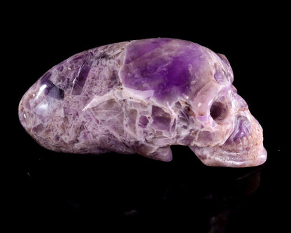 3.9” Natural Amethyst Hand Carved Crystal Elongated Mayan Alien Skull Sculpture