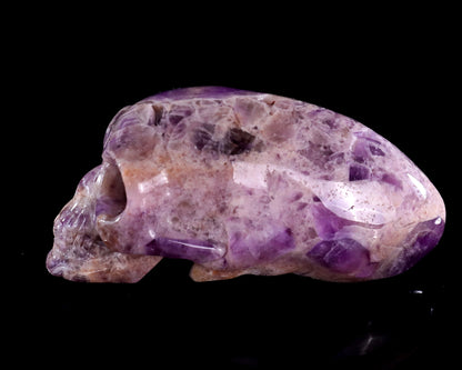 3.9” Natural Amethyst Hand Carved Crystal Elongated Mayan Alien Skull Sculpture