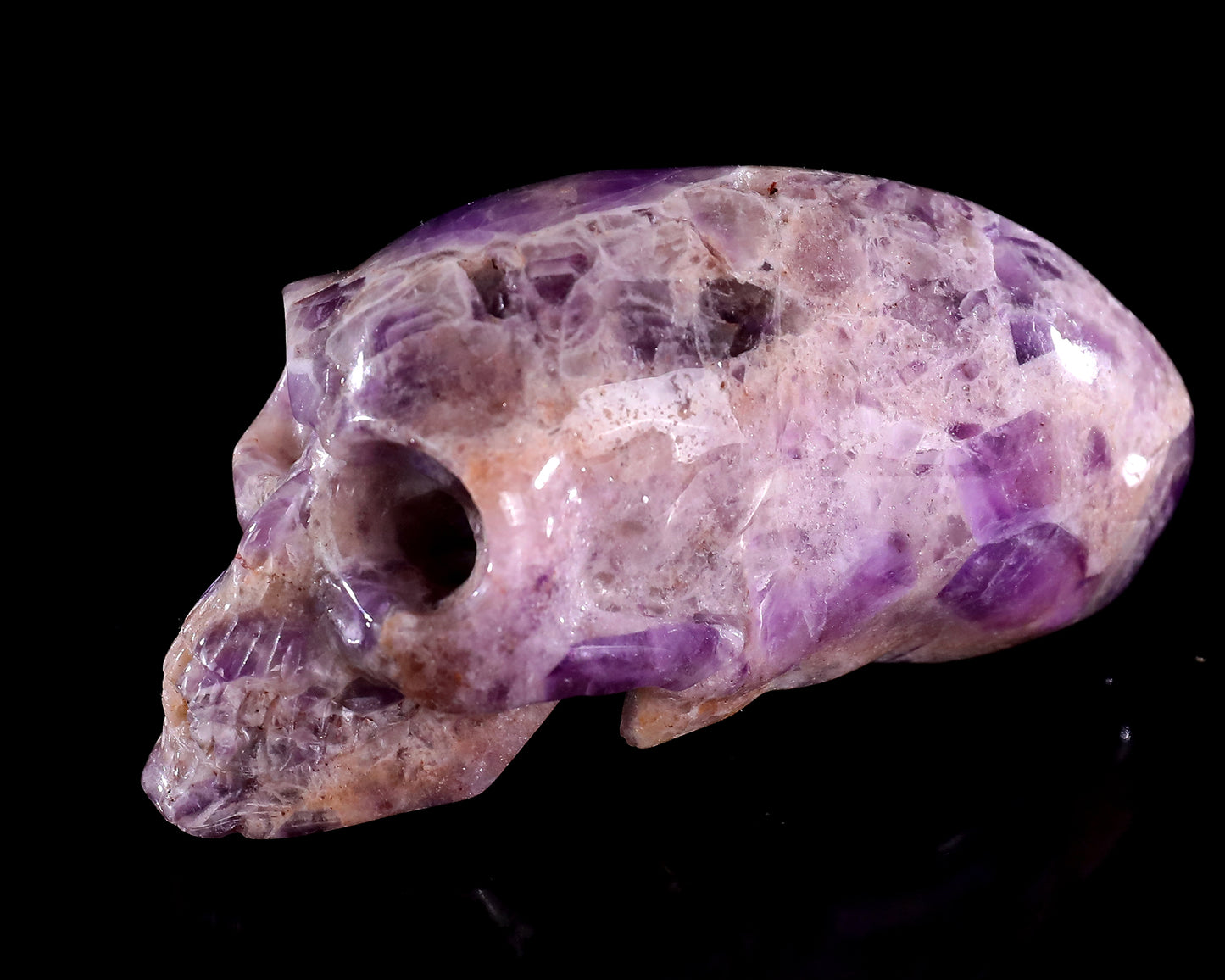 3.9” Natural Amethyst Hand Carved Crystal Elongated Mayan Alien Skull Sculpture