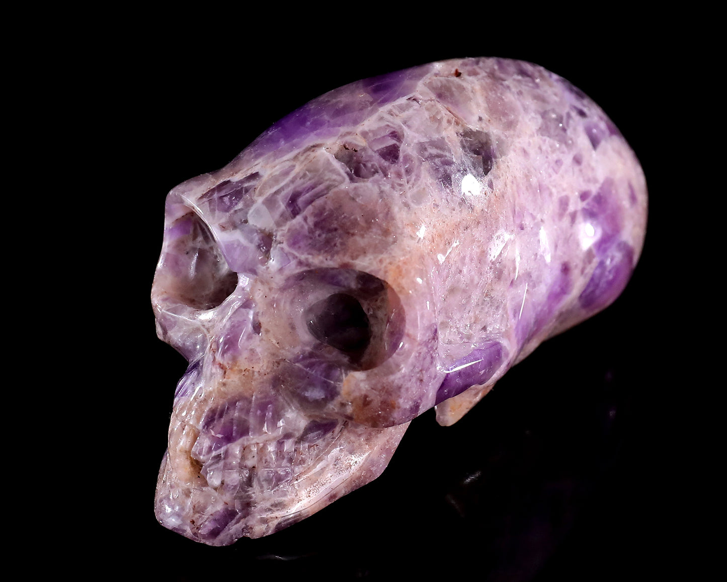 3.9” Natural Amethyst Hand Carved Crystal Elongated Mayan Alien Skull Sculpture