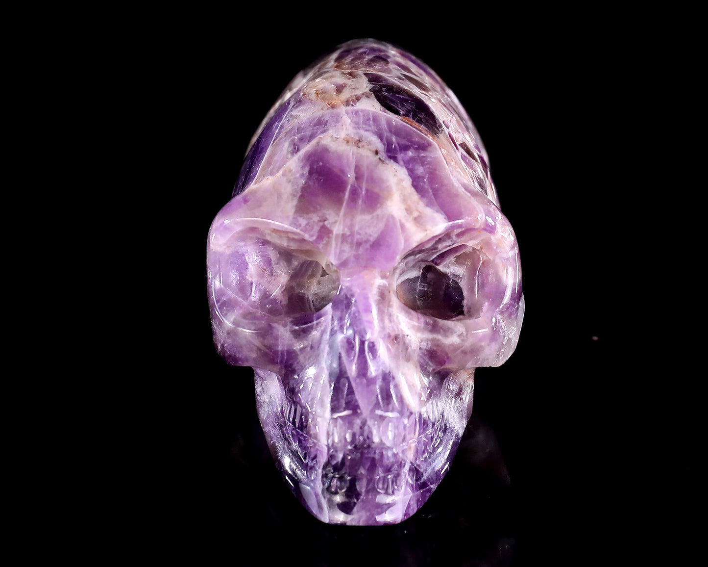 3.9” Natural Amethyst Hand Carved Crystal Elongated Mayan Alien Skull Sculpture