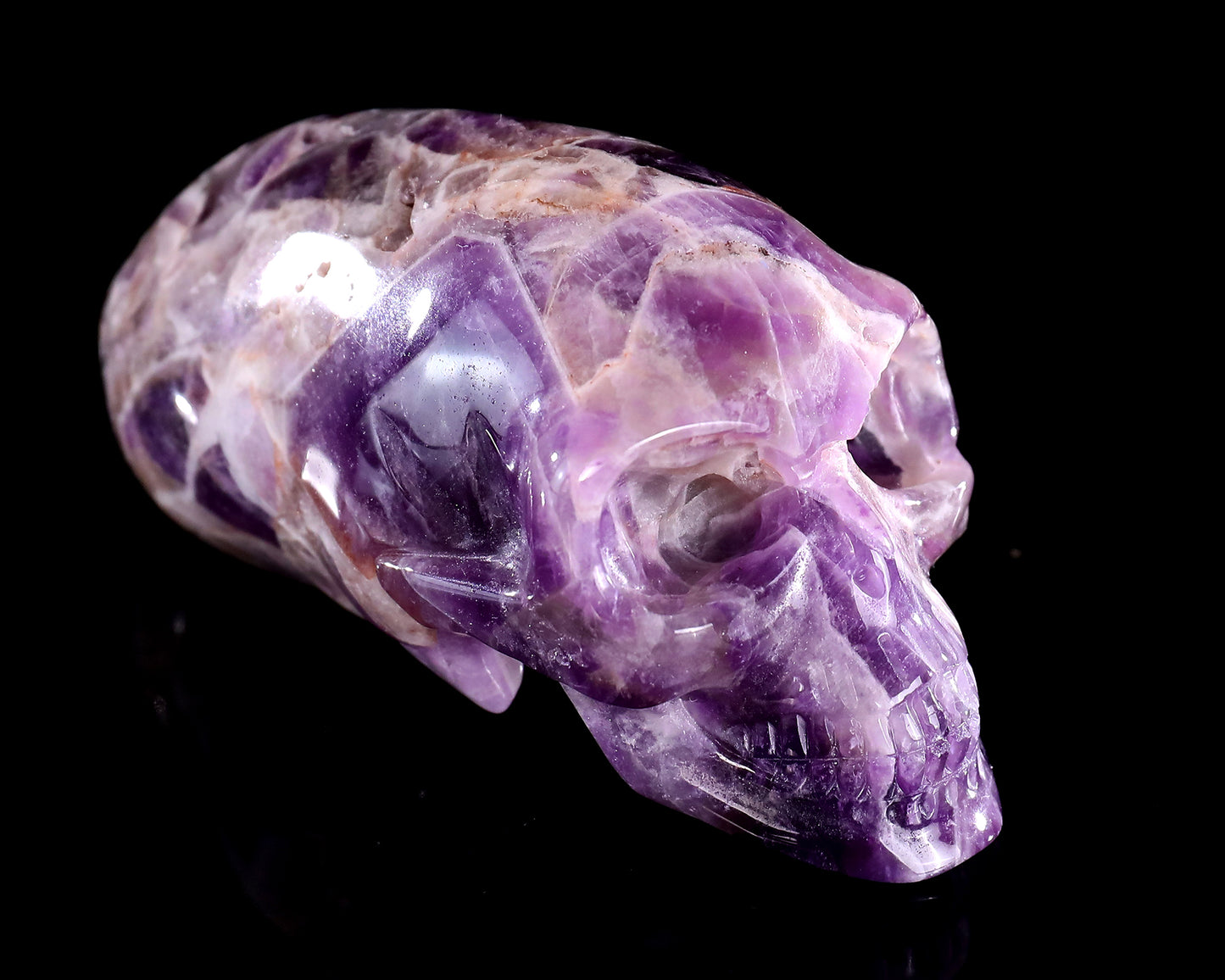 3.9” Natural Amethyst Hand Carved Crystal Elongated Mayan Alien Skull Sculpture