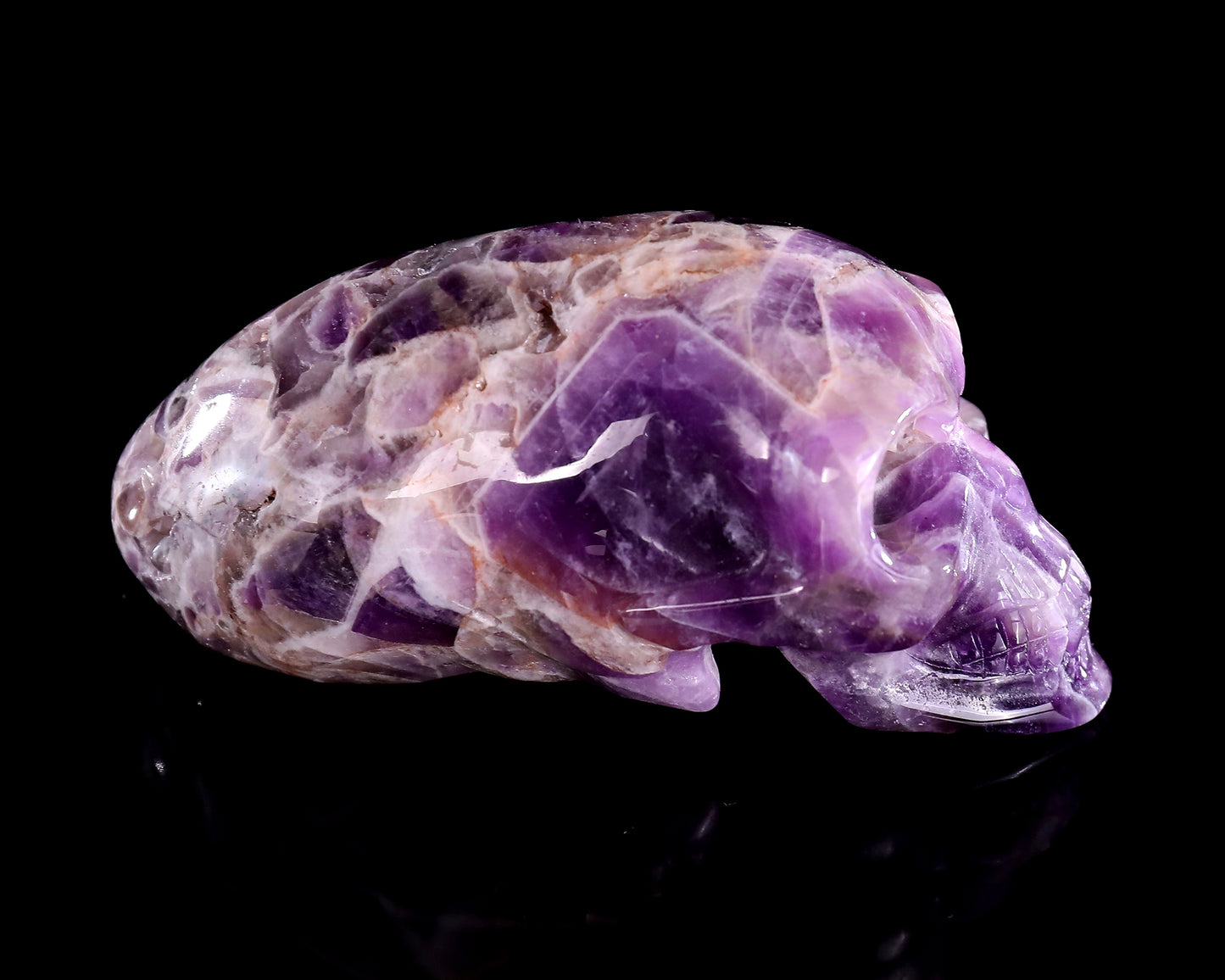 3.9” Natural Amethyst Hand Carved Crystal Elongated Mayan Alien Skull Sculpture