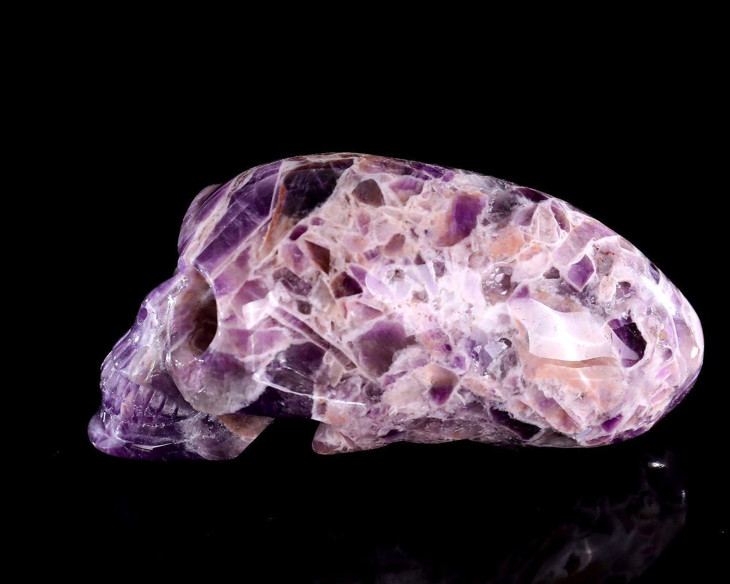 3.9” Natural Amethyst Hand Carved Crystal Elongated Mayan Alien Skull Sculpture