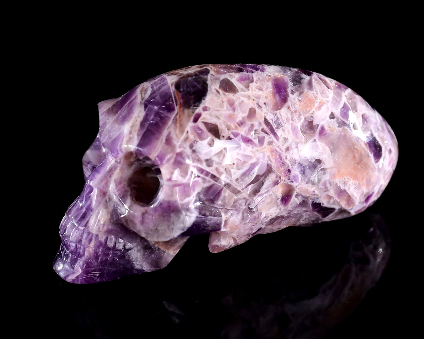 3.9” Natural Amethyst Hand Carved Crystal Elongated Mayan Alien Skull Sculpture