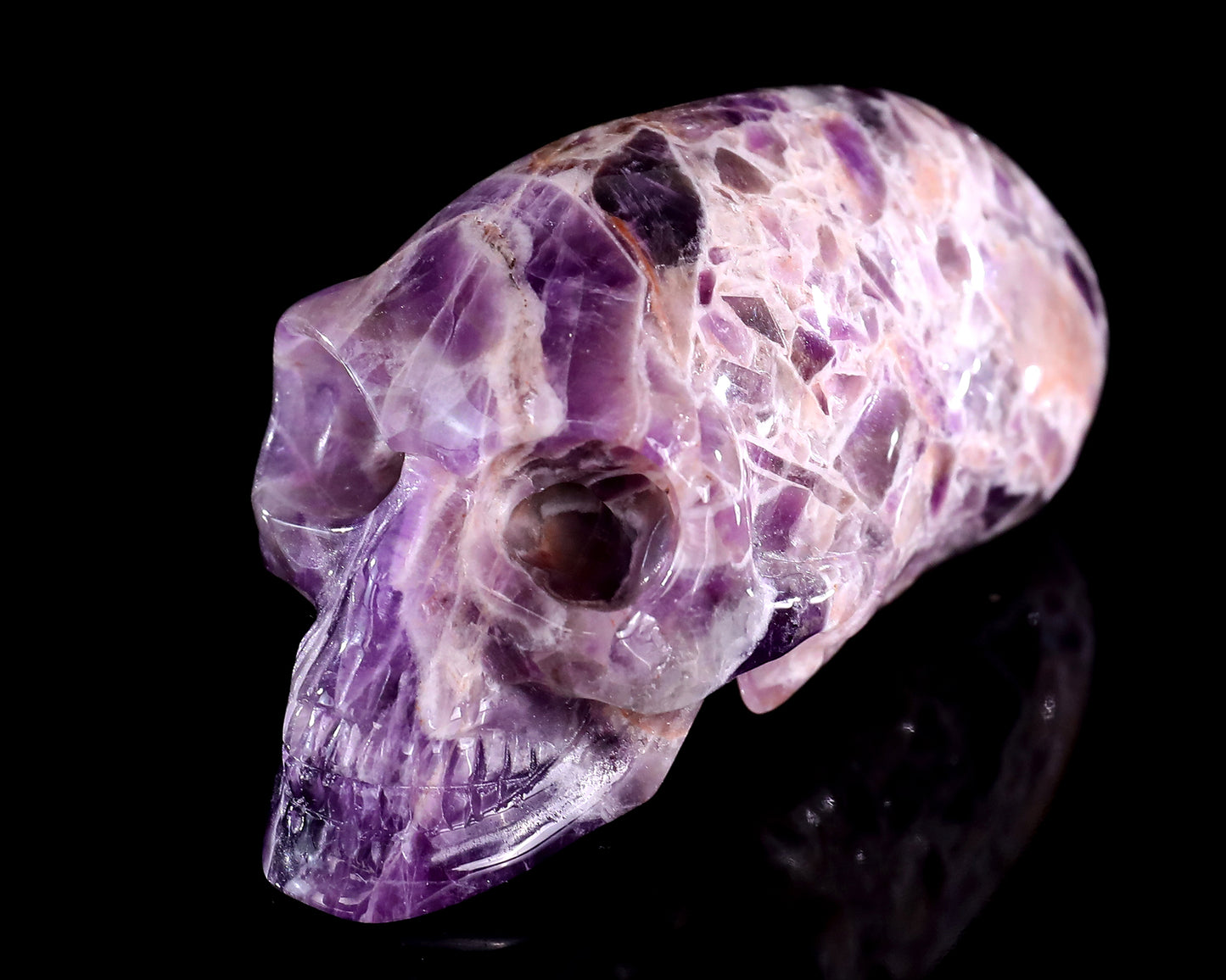 3.9” Natural Amethyst Hand Carved Crystal Elongated Mayan Alien Skull Sculpture