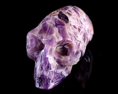 3.9” Natural Amethyst Hand Carved Crystal Elongated Mayan Alien Skull Sculpture