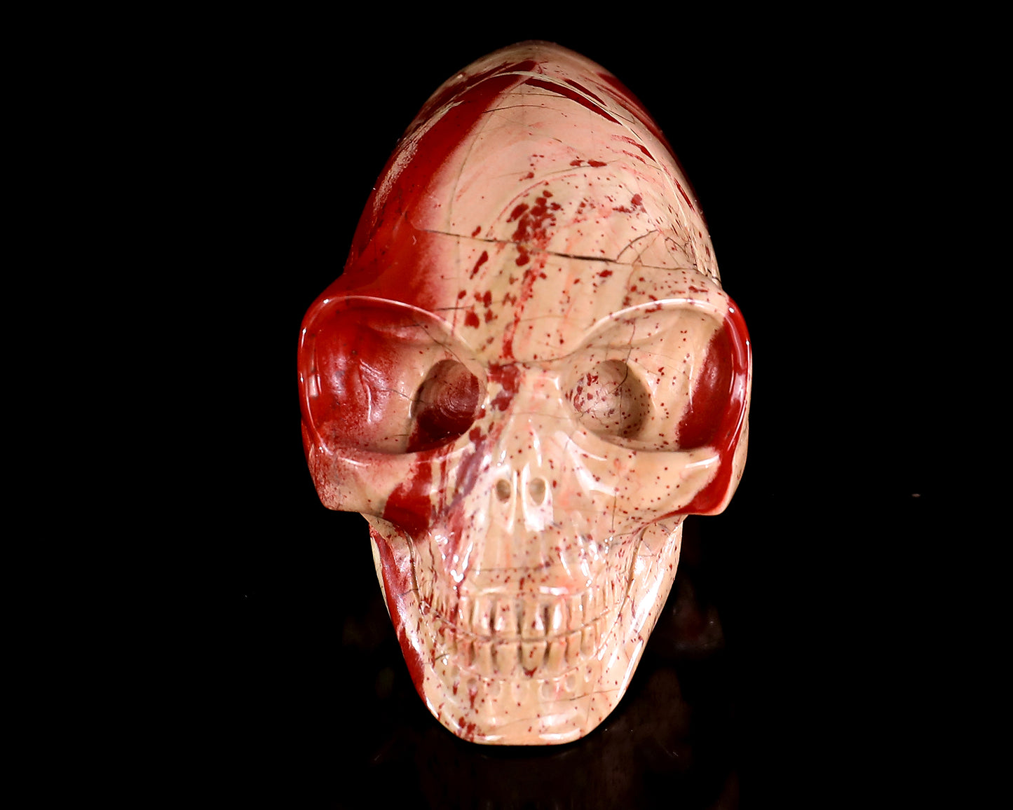 3.9” Natural Red Jasper Hand Carved Crystal Elongated Mayan Alien Skull Sculpture