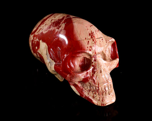 3.9” Natural Red Jasper Hand Carved Crystal Elongated Mayan Alien Skull Sculpture