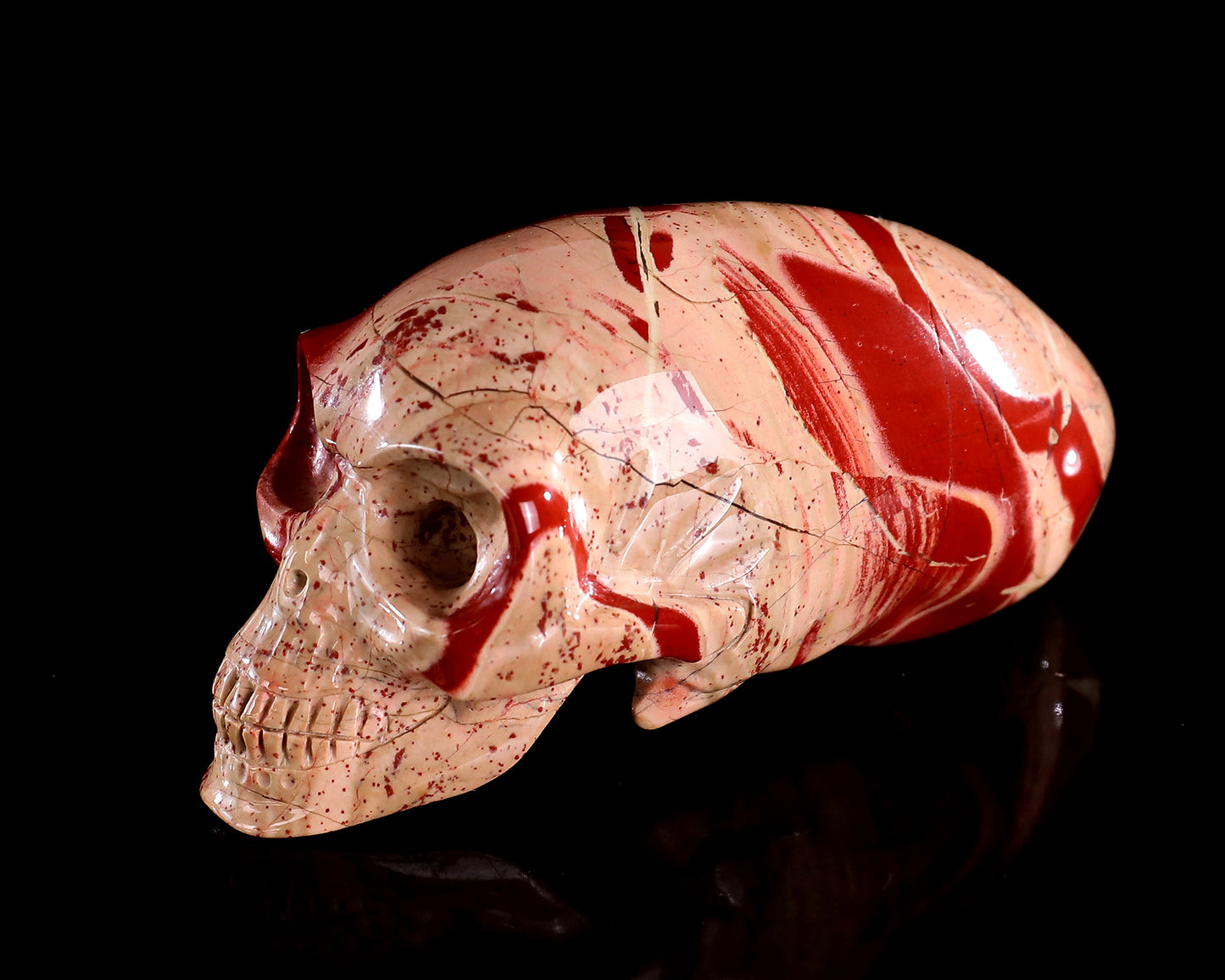 3.9” Natural Red Jasper Hand Carved Crystal Elongated Mayan Alien Skull Sculpture