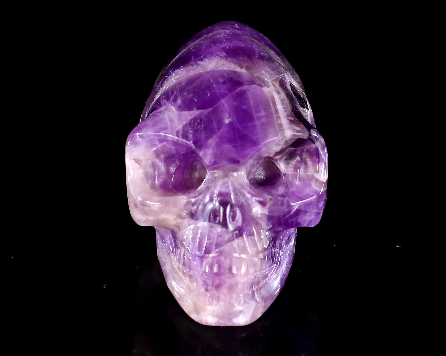 3.9” Natural Amethyst Hand Carved Crystal Elongated Mayan Alien Skull Sculpture