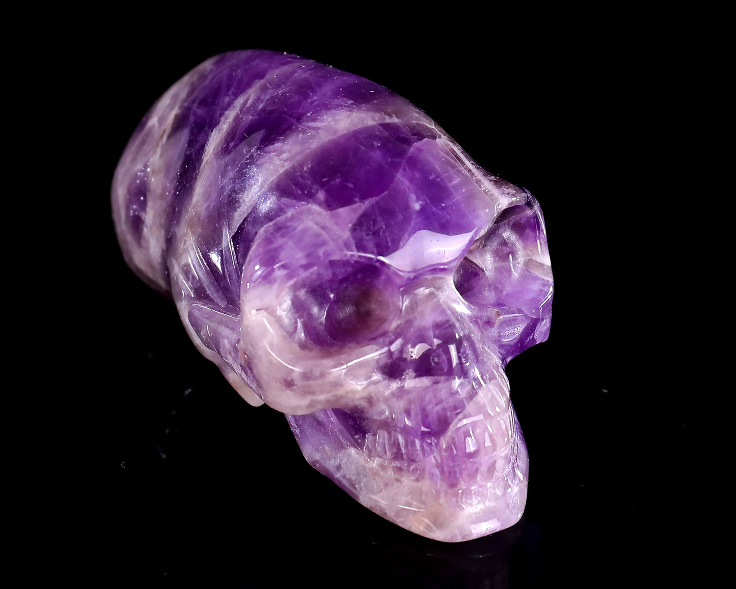 3.9” Natural Amethyst Hand Carved Crystal Elongated Mayan Alien Skull Sculpture