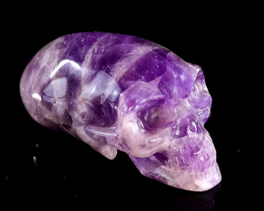 3.9” Natural Amethyst Hand Carved Crystal Elongated Mayan Alien Skull Sculpture