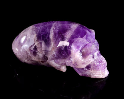 3.9” Natural Amethyst Hand Carved Crystal Elongated Mayan Alien Skull Sculpture