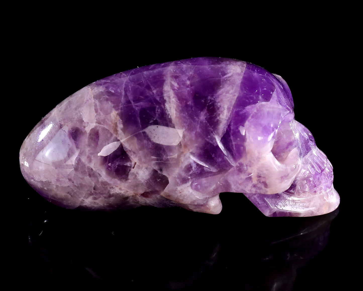 3.9” Natural Amethyst Hand Carved Crystal Elongated Mayan Alien Skull Sculpture