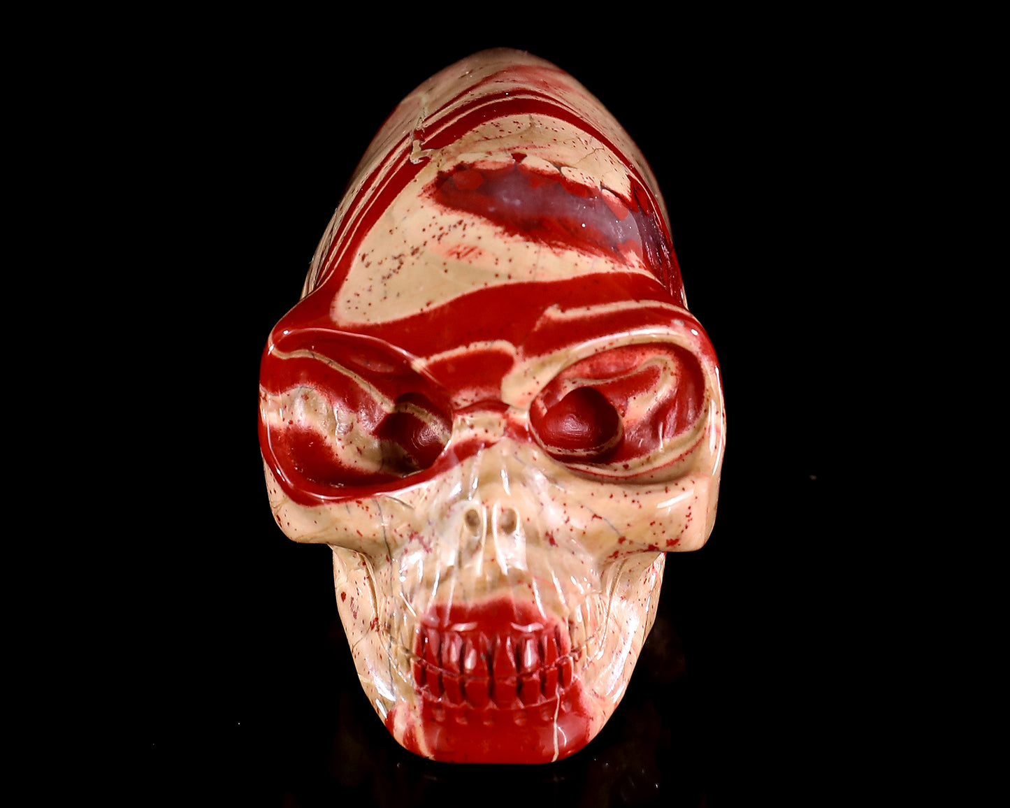 3.9” Natural Red Jasper Hand Carved Crystal Elongated Mayan Alien Skull Sculpture