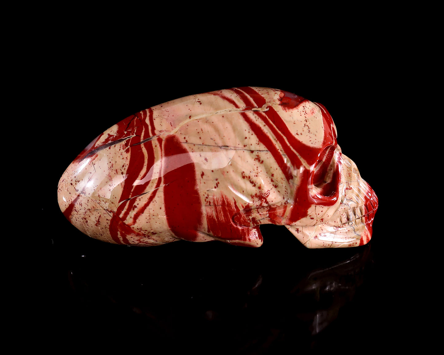 3.9” Natural Red Jasper Hand Carved Crystal Elongated Mayan Alien Skull Sculpture