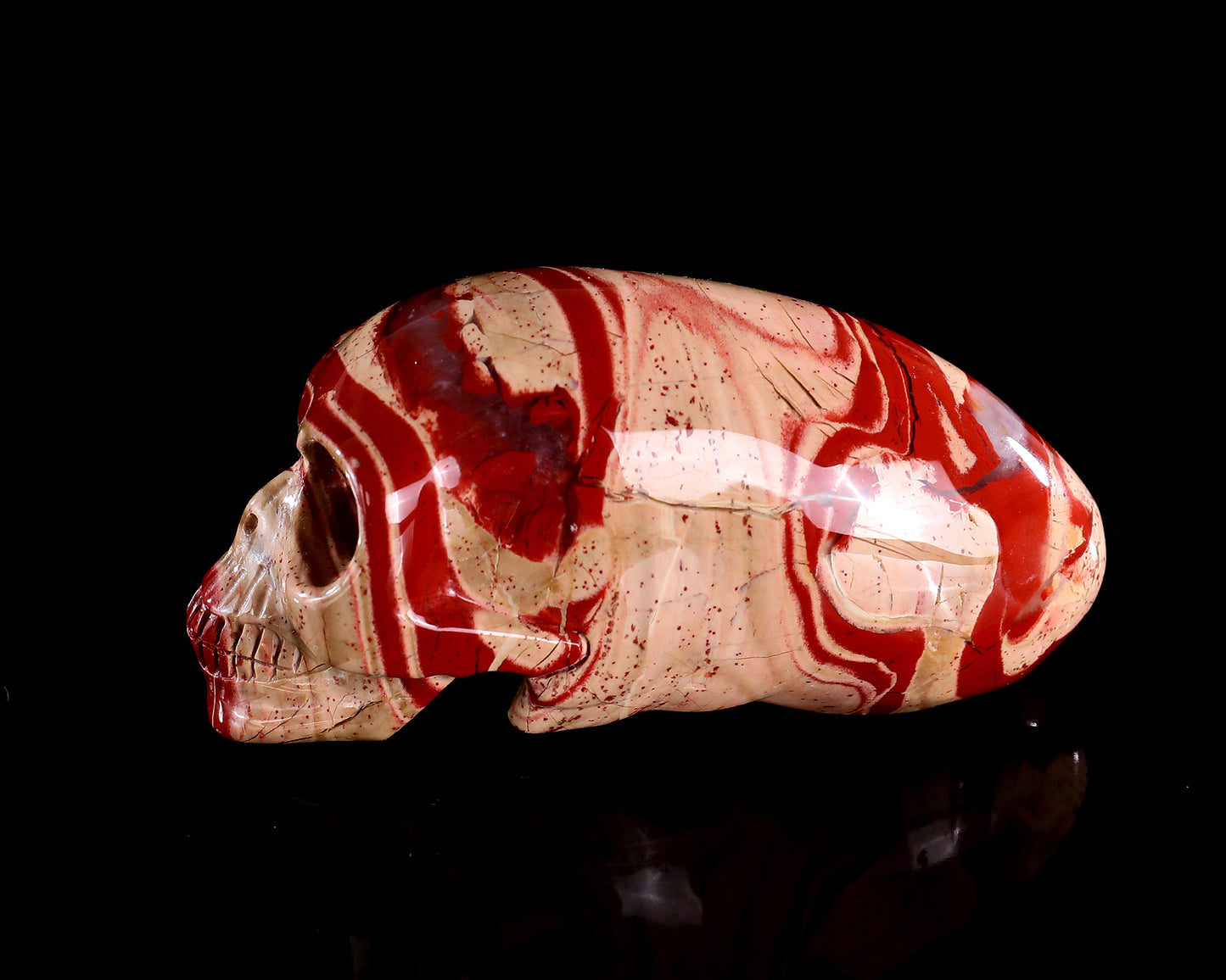 3.9” Natural Red Jasper Hand Carved Crystal Elongated Mayan Alien Skull Sculpture