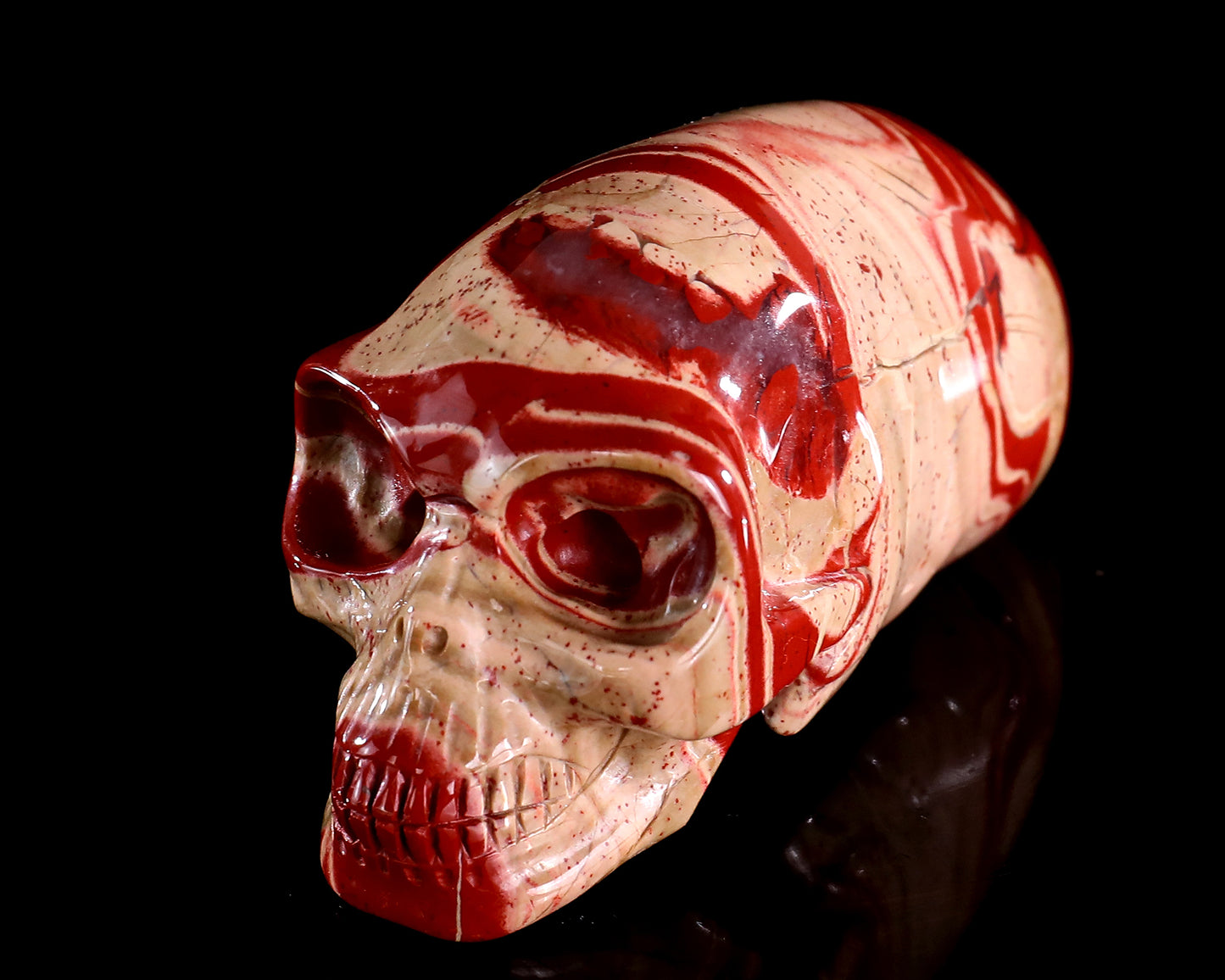 3.9” Natural Red Jasper Hand Carved Crystal Elongated Mayan Alien Skull Sculpture