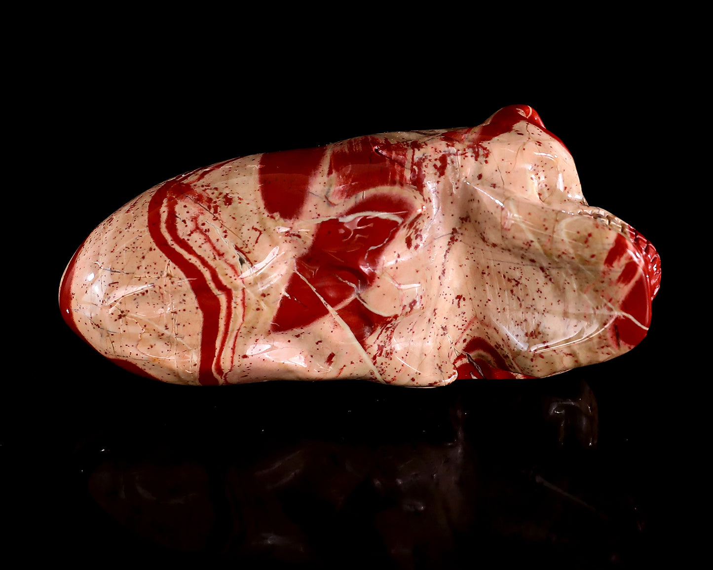 3.9” Natural Red Jasper Hand Carved Crystal Elongated Mayan Alien Skull Sculpture