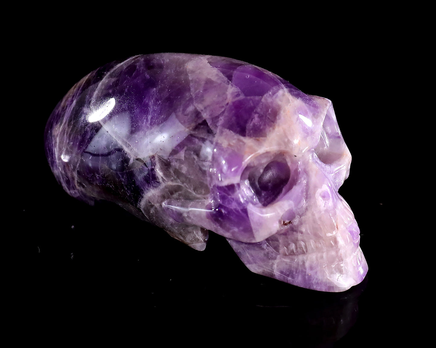 3.9” Natural Amethyst Hand Carved Crystal Elongated Mayan Alien Skull Sculpture