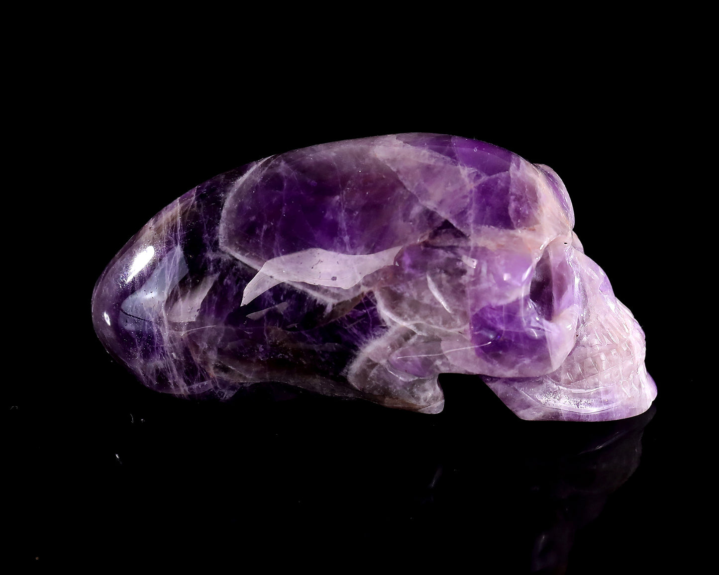 3.9” Natural Amethyst Hand Carved Crystal Elongated Mayan Alien Skull Sculpture