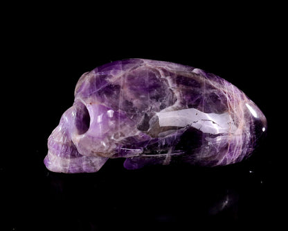 3.9” Natural Amethyst Hand Carved Crystal Elongated Mayan Alien Skull Sculpture