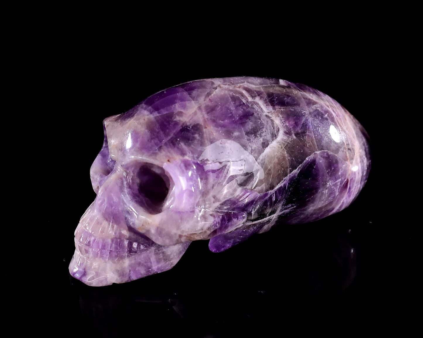 3.9” Natural Amethyst Hand Carved Crystal Elongated Mayan Alien Skull Sculpture