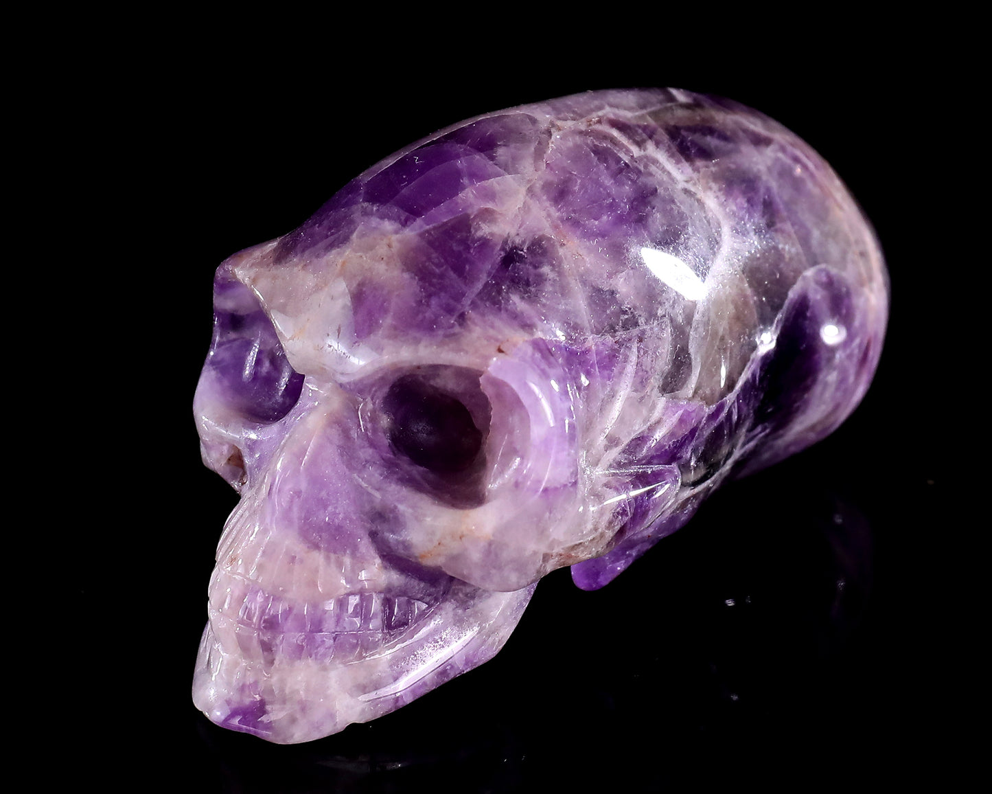 3.9” Natural Amethyst Hand Carved Crystal Elongated Mayan Alien Skull Sculpture