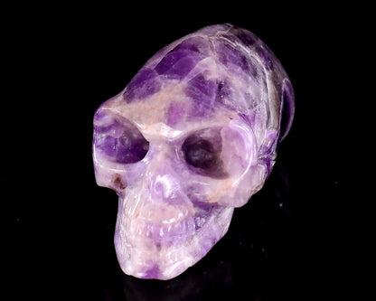 3.9” Natural Amethyst Hand Carved Crystal Elongated Mayan Alien Skull Sculpture