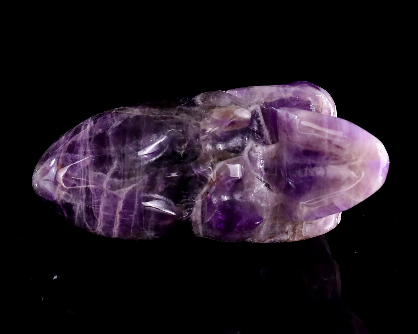 3.9” Natural Amethyst Hand Carved Crystal Elongated Mayan Alien Skull Sculpture