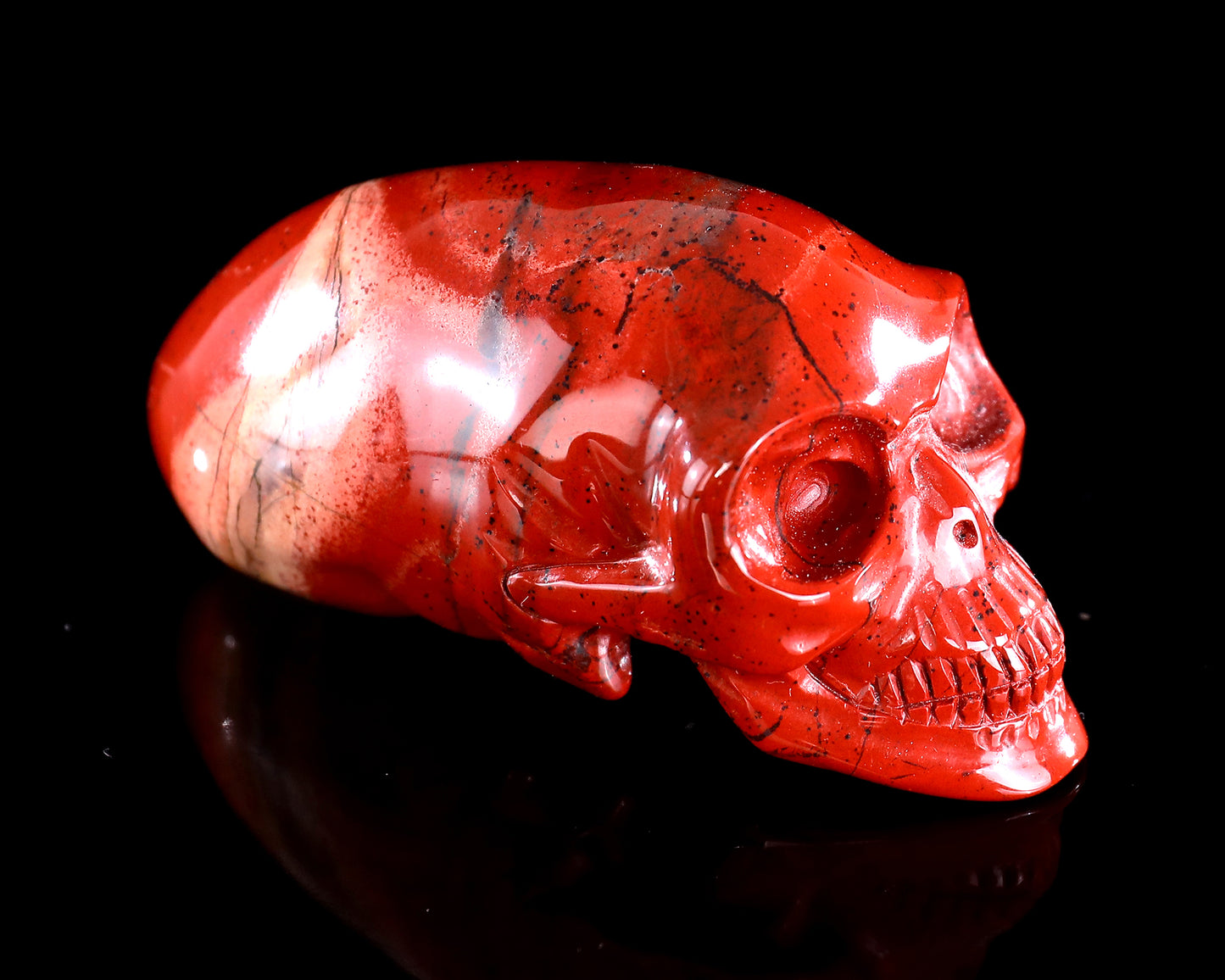 3.9” Natural Red Jasper Hand Carved Crystal Elongated Mayan Alien Skull Sculpture