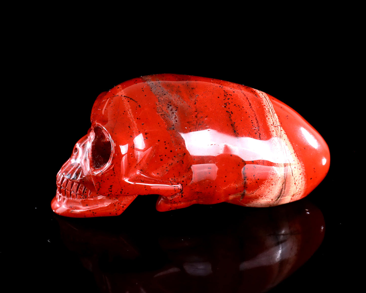 3.9” Natural Red Jasper Hand Carved Crystal Elongated Mayan Alien Skull Sculpture