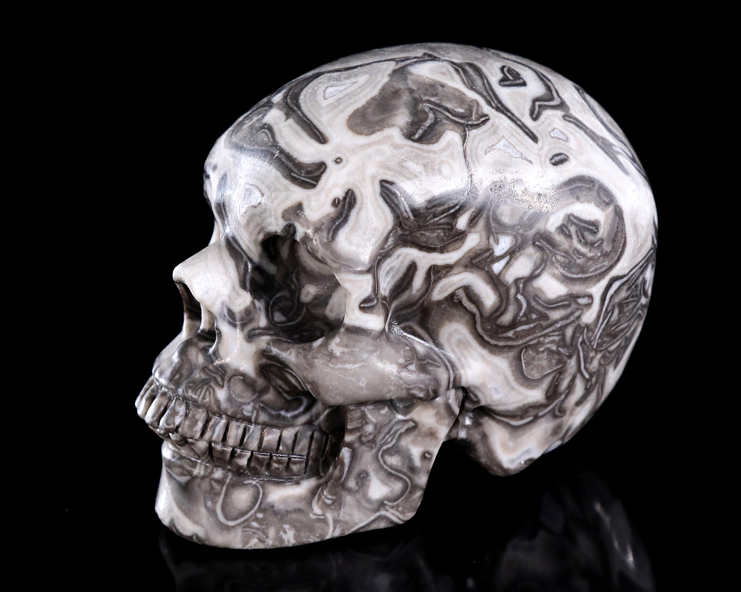 4.4" Black Crazy Agate Hand Carved Crystal Skull Sculpture