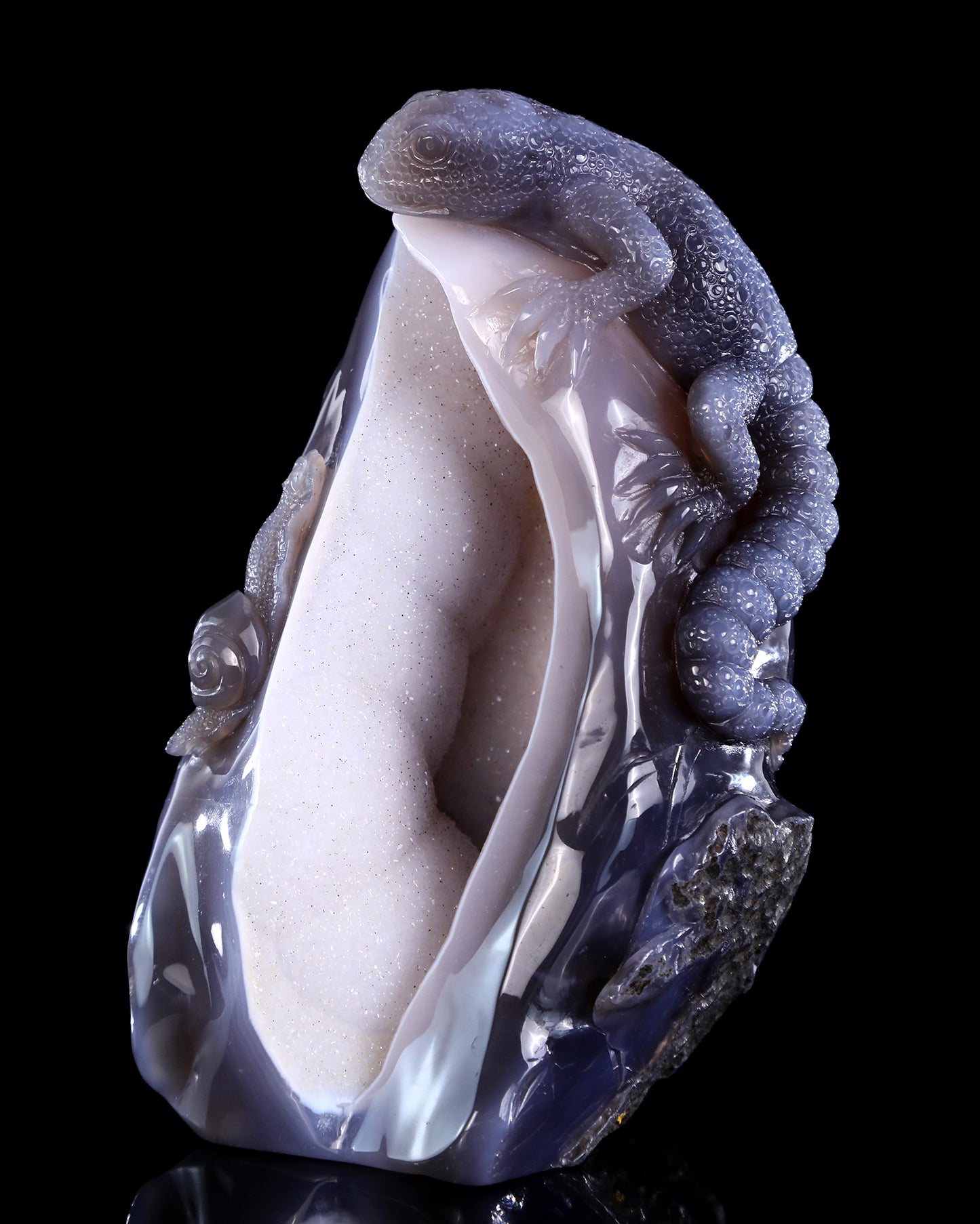 8.3" Quartz Rock Geode Hand Carved Crystal Lizard Sculpture