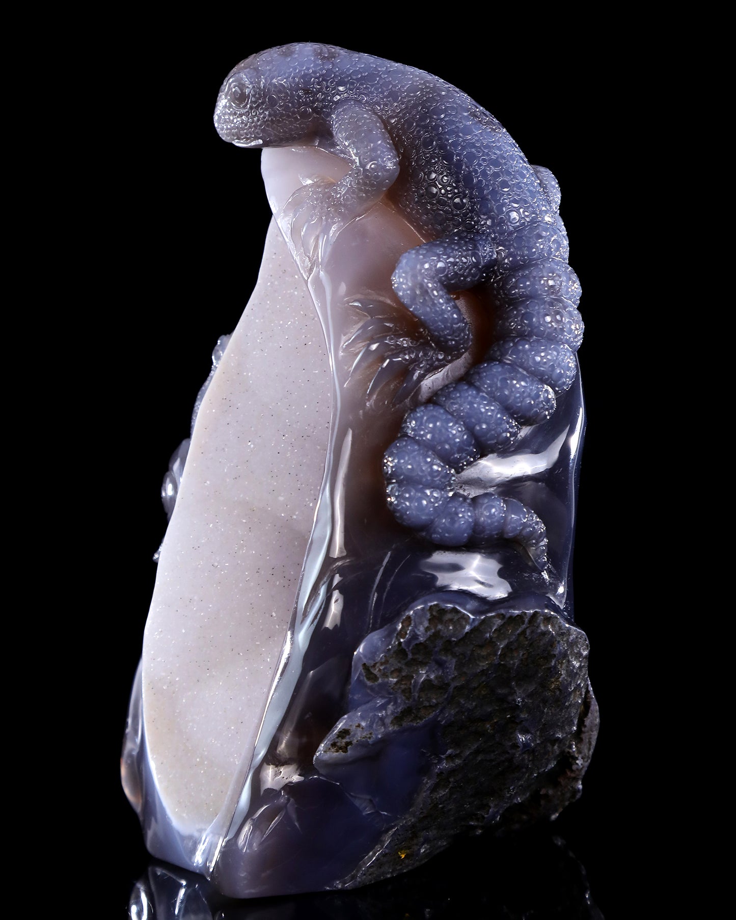 8.3" Quartz Rock Geode Hand Carved Crystal Lizard Sculpture