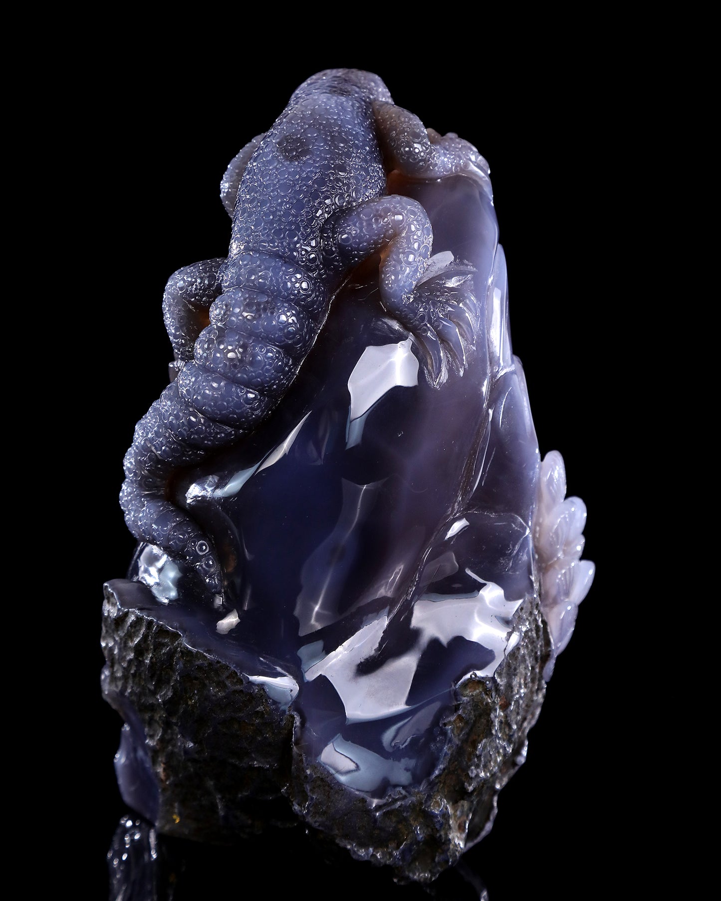 8.3" Quartz Rock Geode Hand Carved Crystal Lizard Sculpture