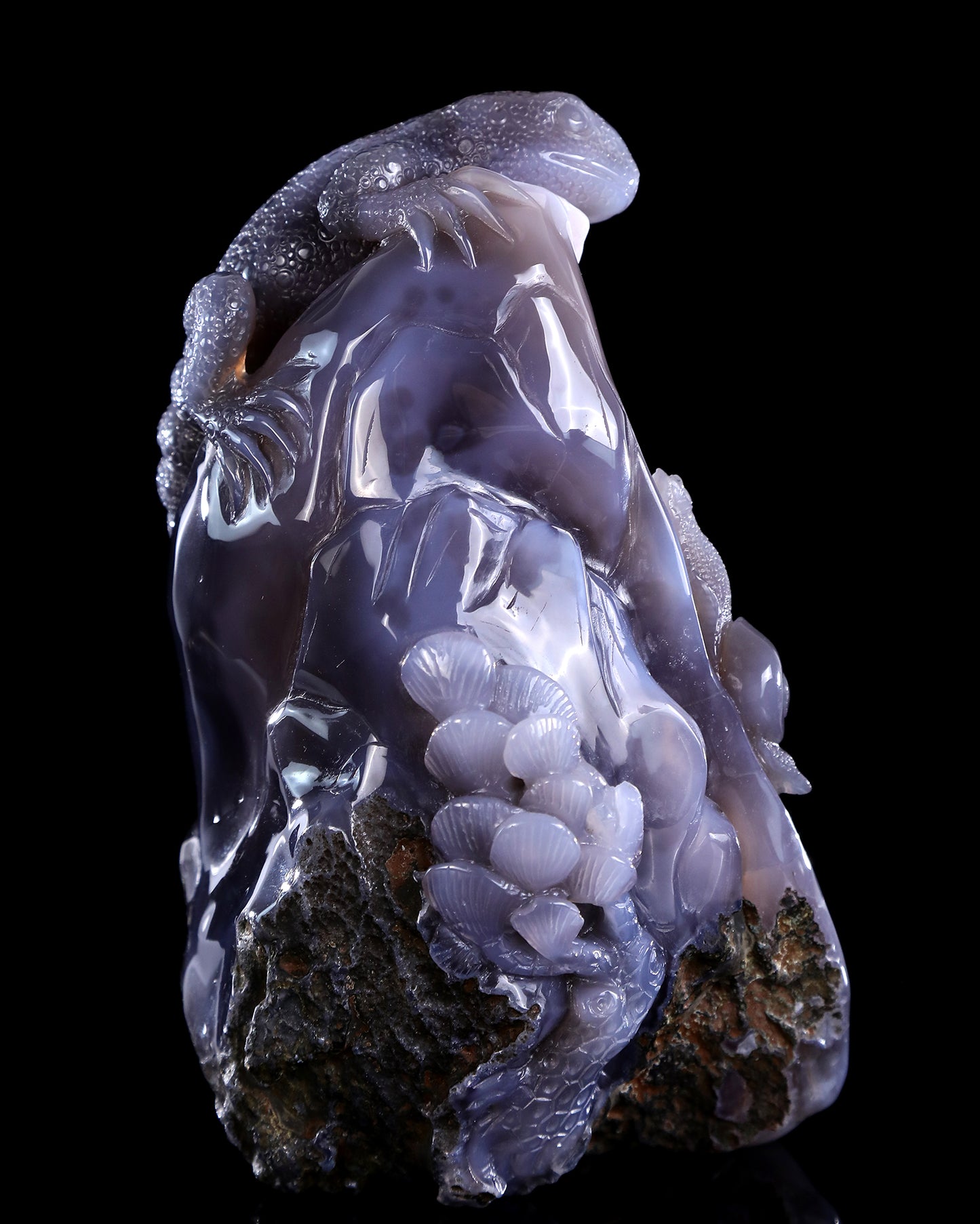 8.3" Quartz Rock Geode Hand Carved Crystal Lizard Sculpture